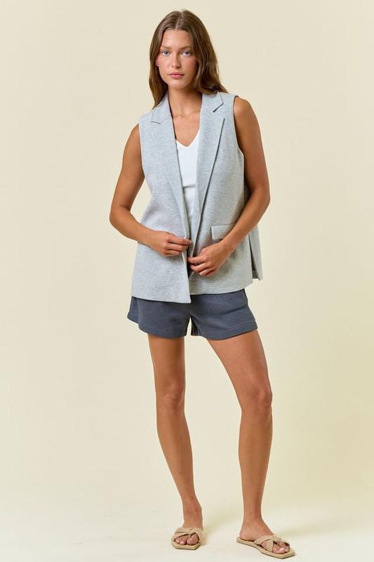 Stretch Knit Open Front Long Vest-Gray