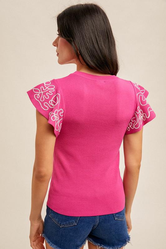 Embroidered Ruffle Sleeve Sweater Top