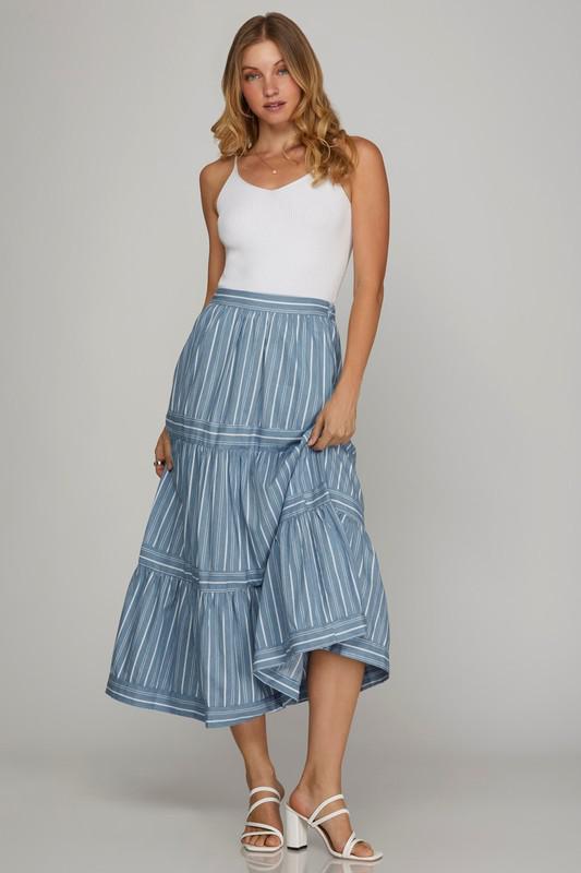 Denim Stripe Midi Skirt