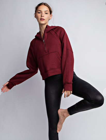 Rae Mode French Terry Cropped Quarter Zip Hoodie Jacket - Burgundy – The  Valencia Boutique