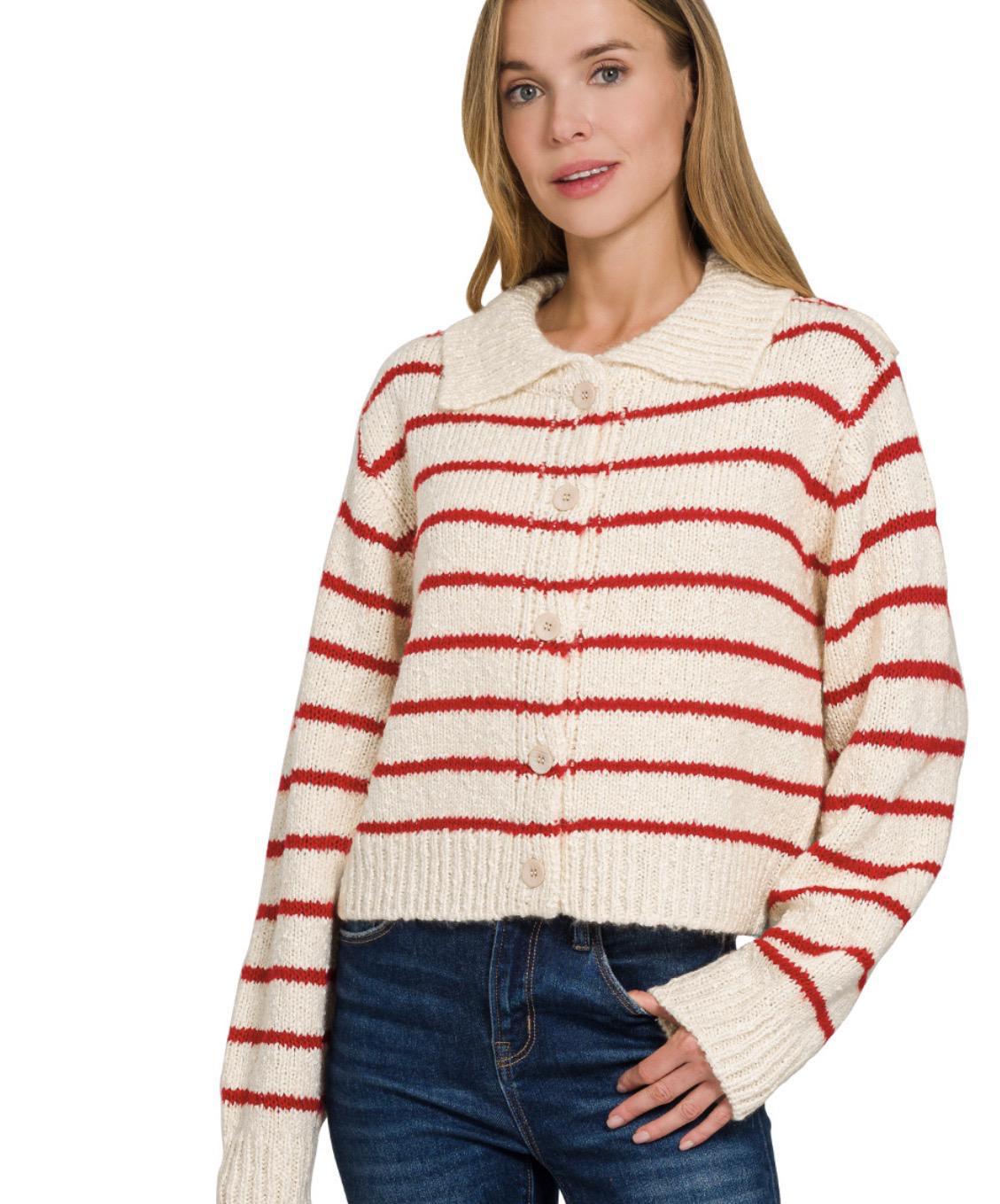 Striped Collared Button Cardigan