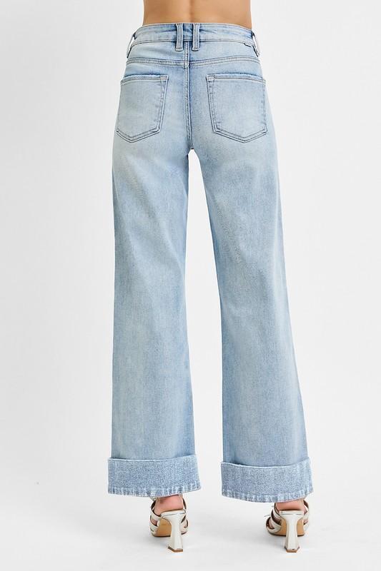 Risen TC High Rise Ankle Wide Cuffed Jeans-Light Wash
