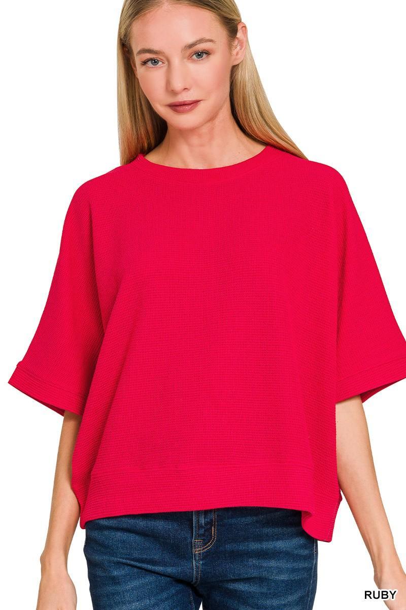 Waffle Knit Banded Bottom Short Sleeve Top`