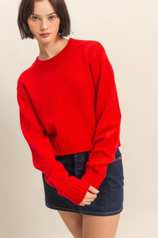Cropped Long Sleeve Sweater-True Red