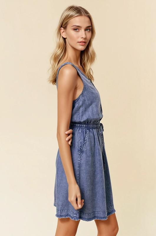 Scoop Neck Drawstring Waist Denim Tencel Dress