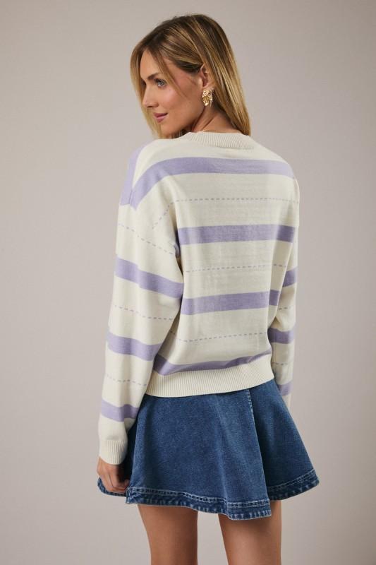 Round Neck Stitch Printed Stripe Sweater
