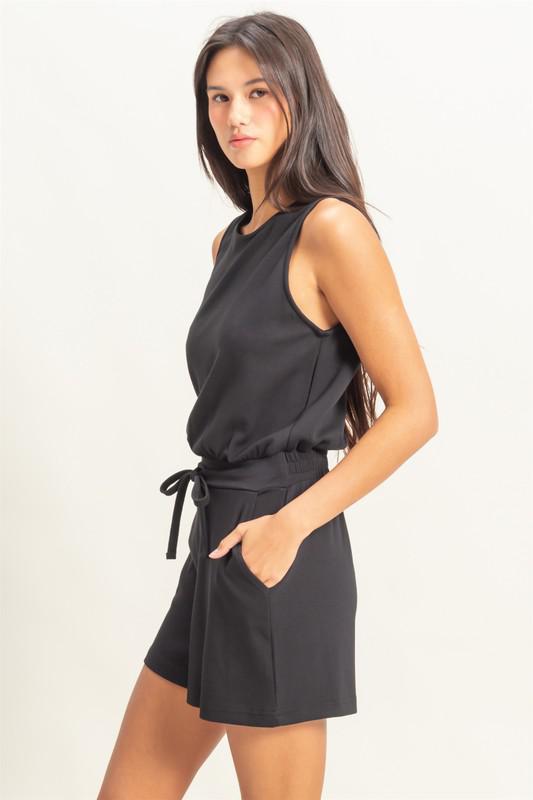 Drawstring Waist Romper-Black