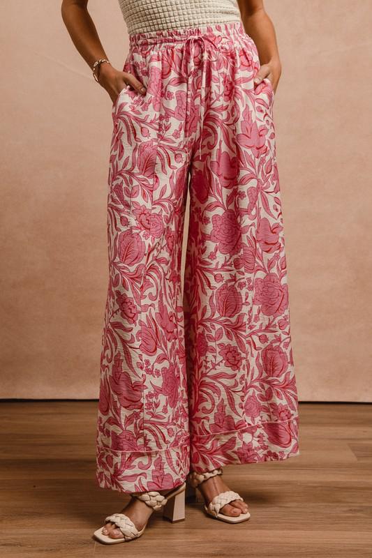 Floral Print Drawstring Wide Pants