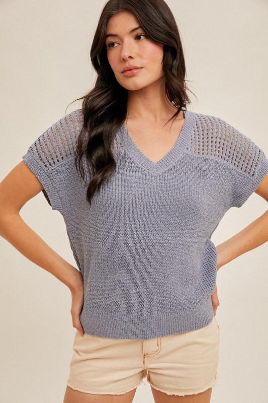V-Neck Fishnet Sweater-Blue