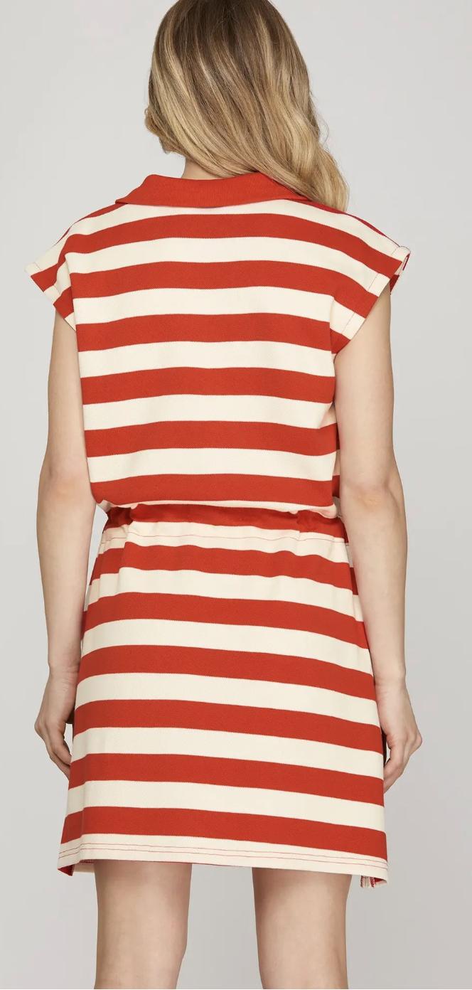 Stripe Drawstring Collard Dress