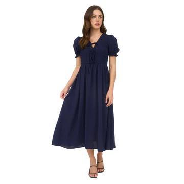 V-Neck Smocked Puff Sleeve Dress