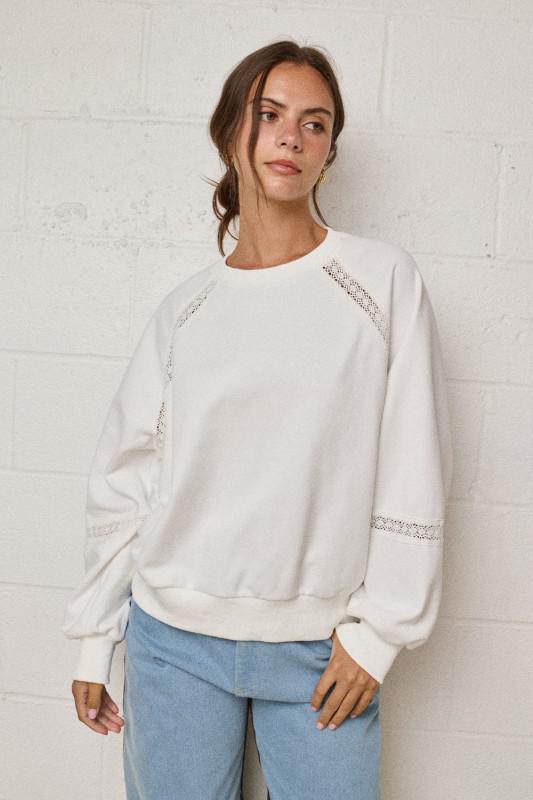 Lace-trim Cutout Sweatshirt With V- Neckline-Ivory