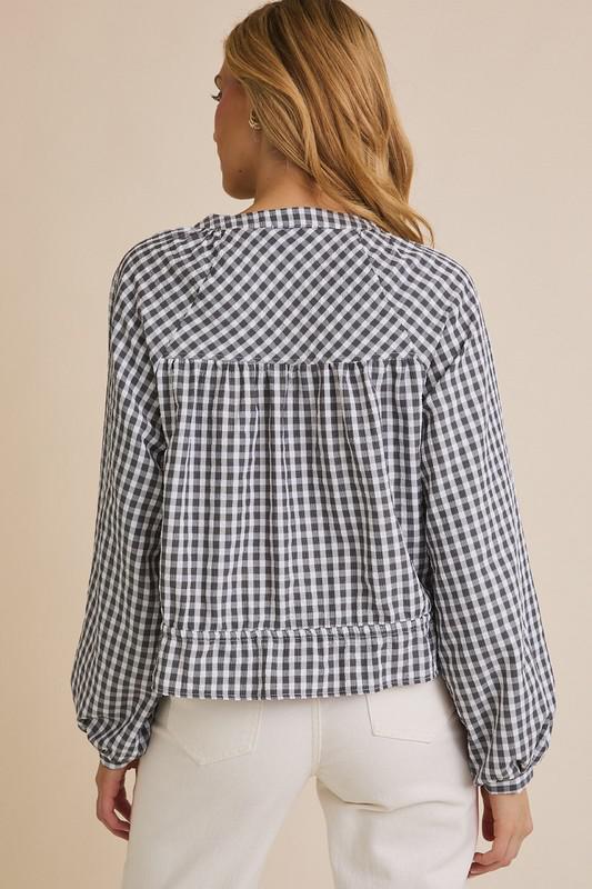 Gingham Round Neck Long Sleeve Waist Tie Button Up Top