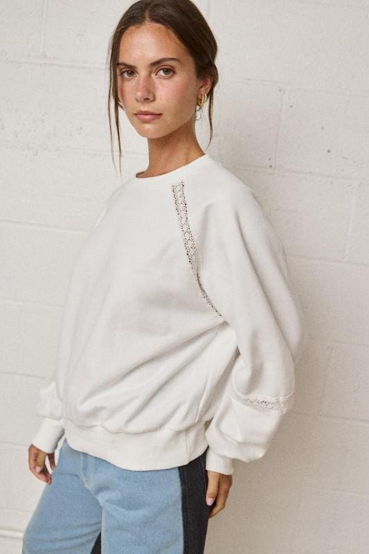 Lace-trim Cutout Sweatshirt With V- Neckline-Ivory