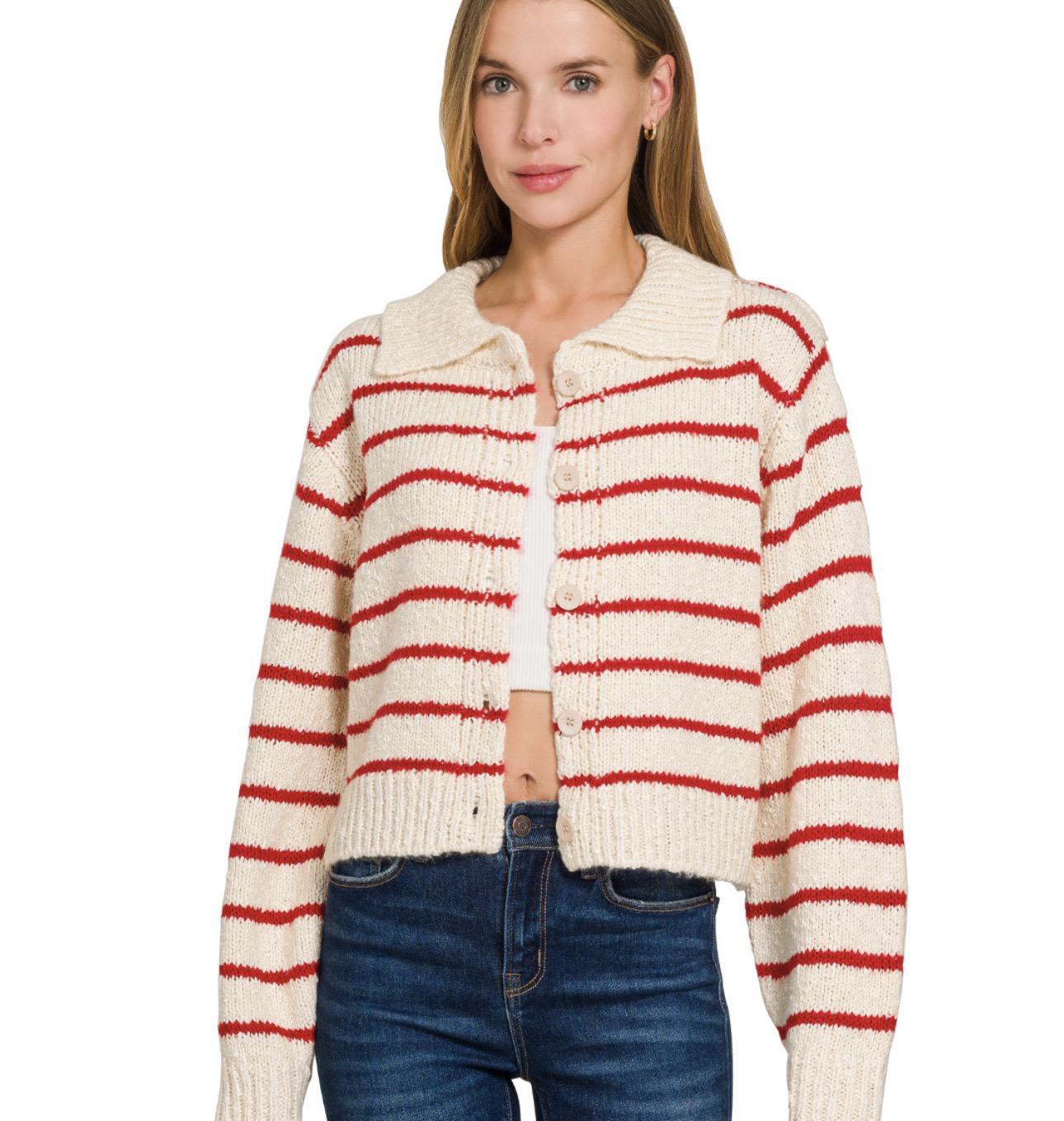 Striped Collared Button Cardigan