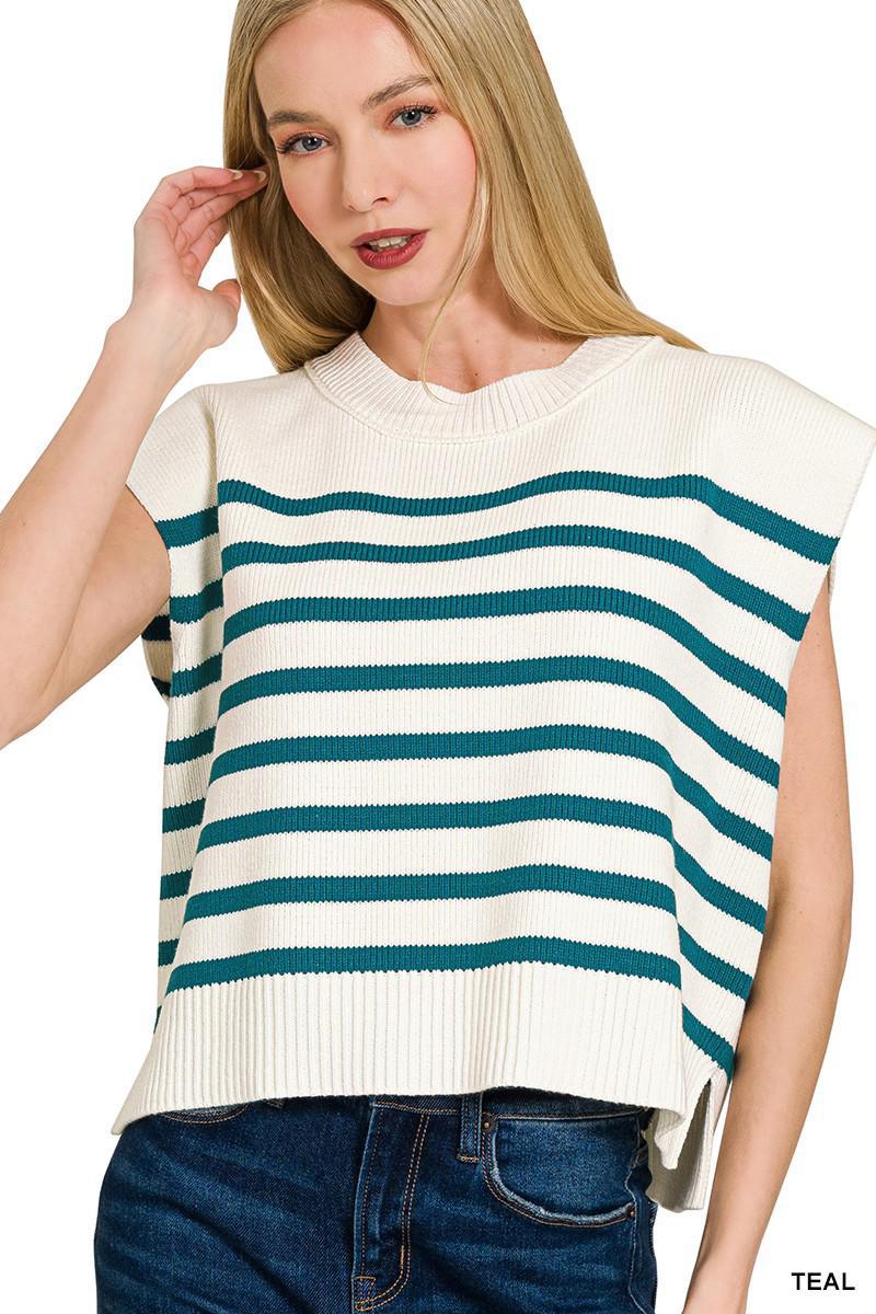 Oversized Crew Neck Teal Stripe Cap Sleeve Sweater