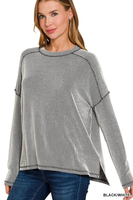 Raised Rib Raw Edge Boat Neck Long Sleeve Top