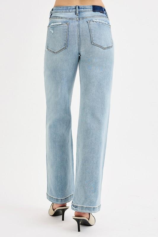 Risen Elastic Band Mid Rise Wide Leg Distressed Jean