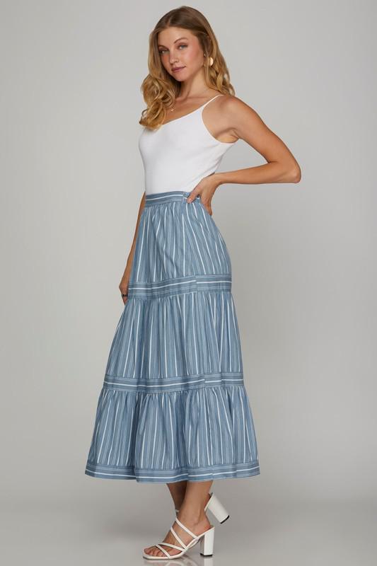Denim Stripe Midi Skirt