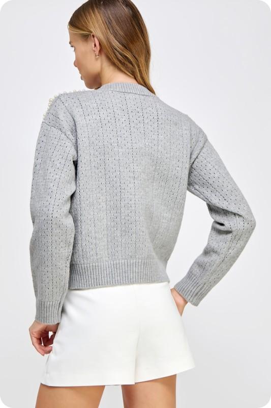 Pearl Studded Eyelet Knit Cardigan Sweater