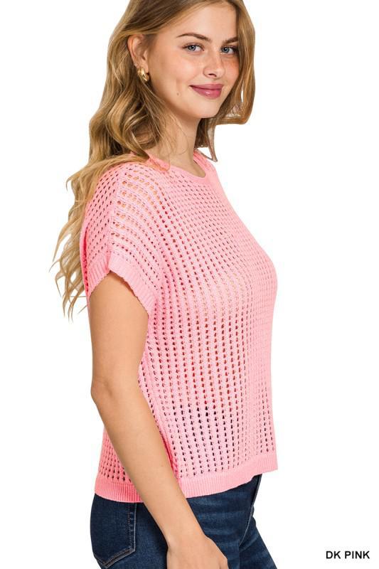 Dark Pink Crochet Knit Sheer Sweater