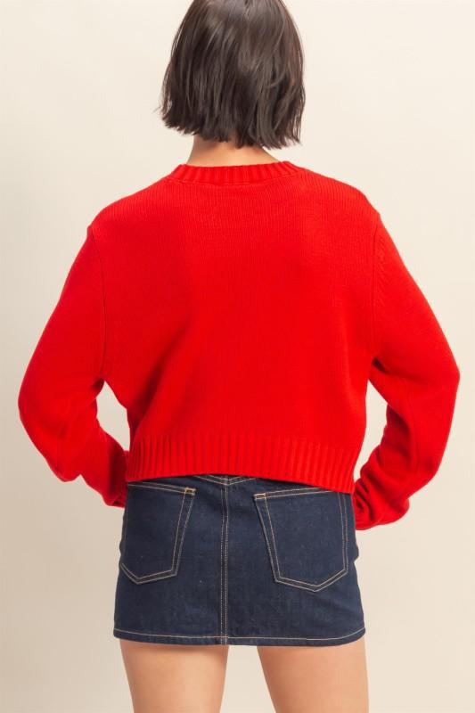 Cropped Long Sleeve Sweater-True Red