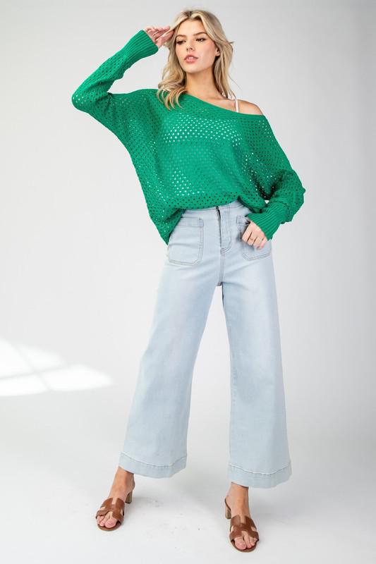 Eyelet Knit Sweater Top-Kelly Green