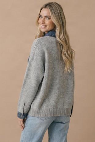 Denim Collar Textured Knit Top