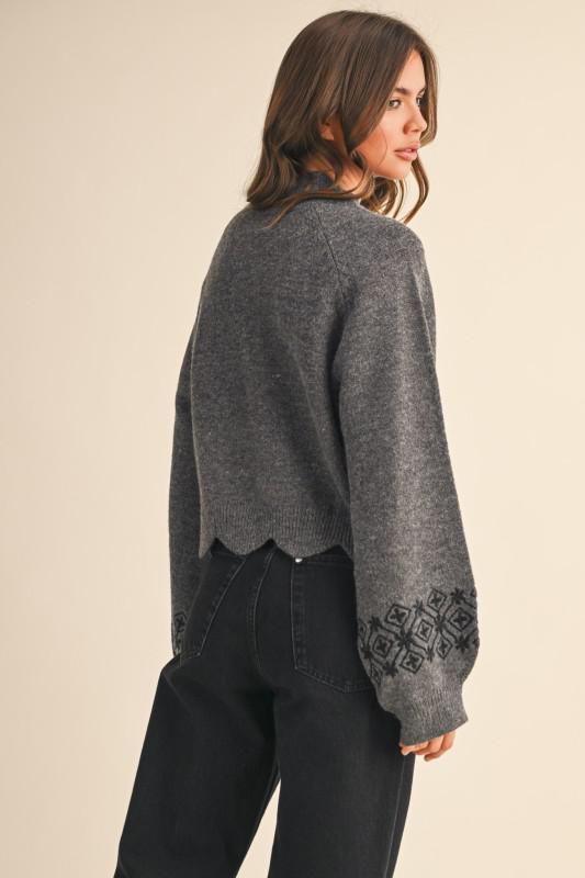 Scalloped Mock Neck Sweater With Embroidery