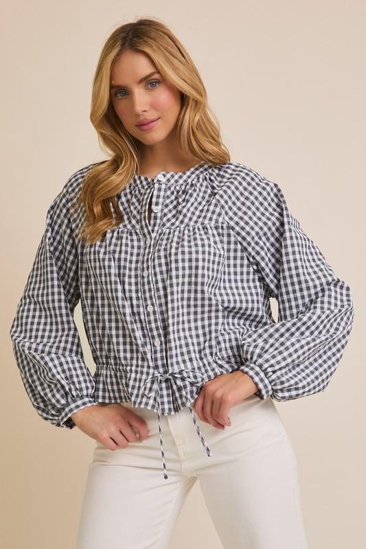 Gingham Round Neck Long Sleeve Waist Tie Button Up Top