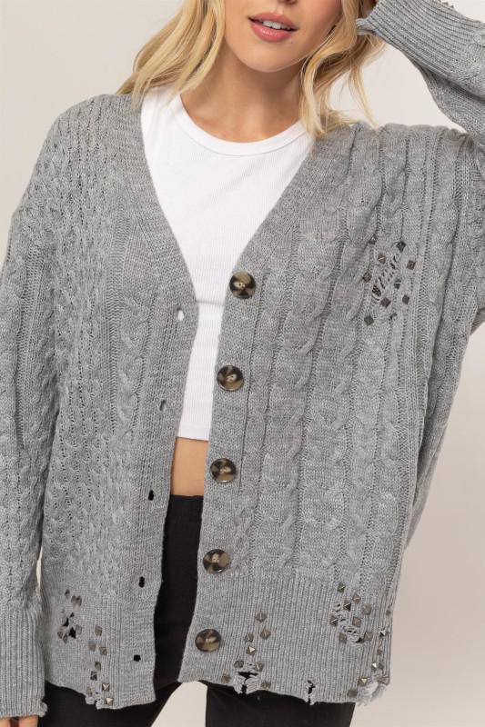 Distressed Cable Knit Cardigan