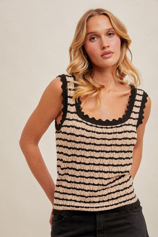 Scallop Edge Knit Tank-Light Mocha & Black