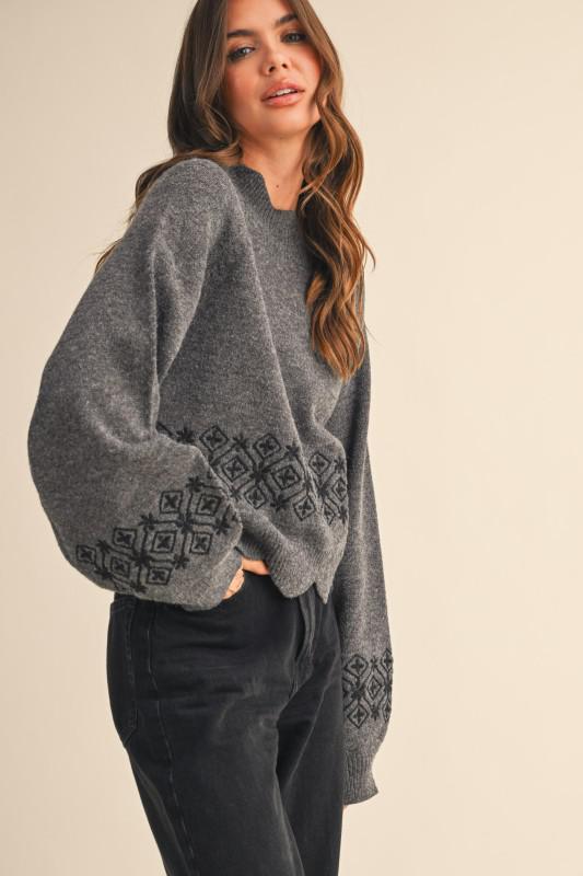 Scalloped Mock Neck Sweater With Embroidery