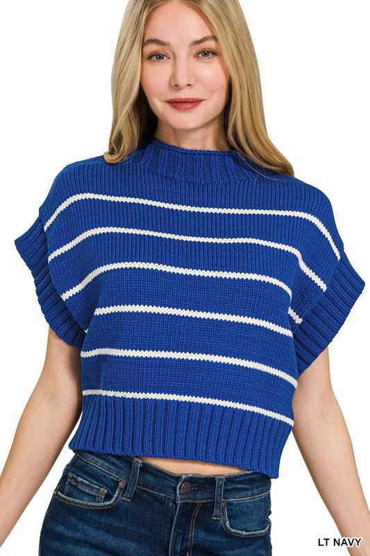Cobalt Striped Cropped Mock Neck Sweater