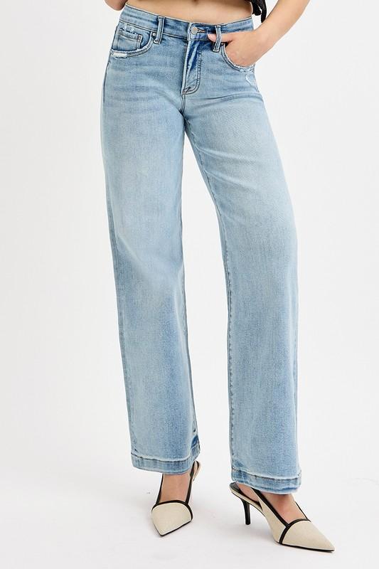 Risen Elastic Band Mid Rise Wide Leg Distressed Jean