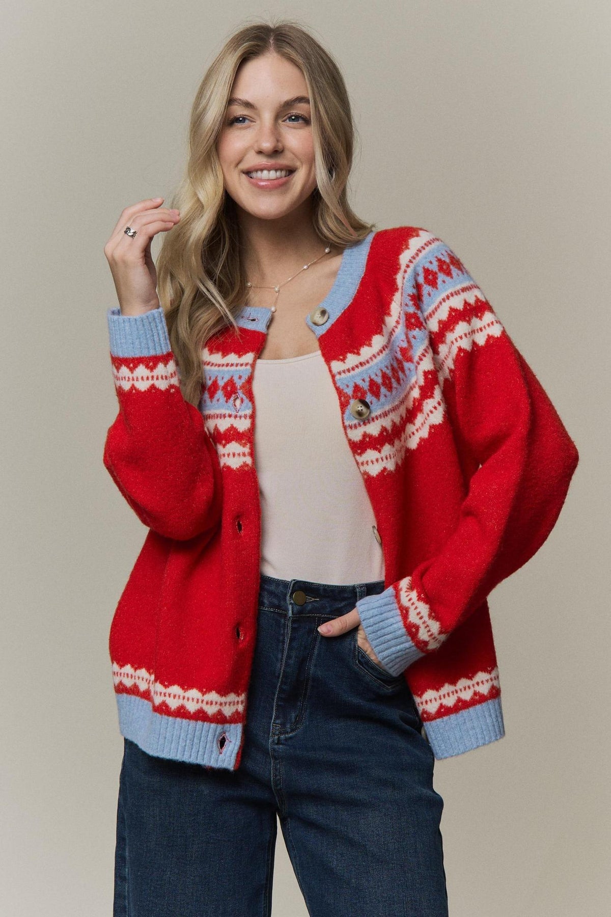 Fair Isle Yoke Knit Cardigan