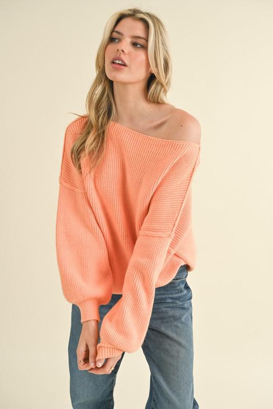 Boat Neck Bubble Sleeve Sweater-Papaya