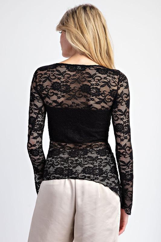 Floral Lace Long Sleeve Top-Black