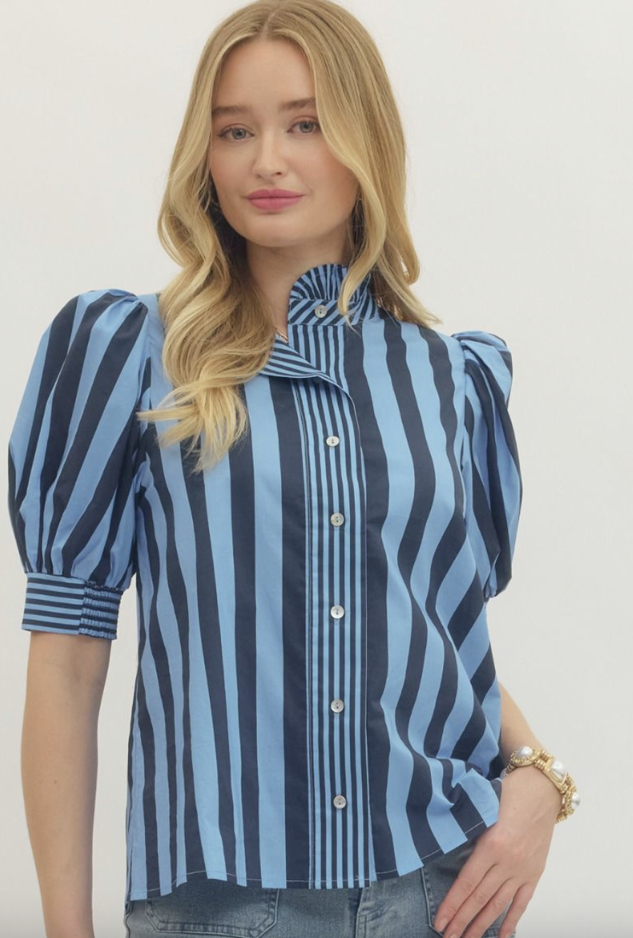 Striped Print Short Puff Sleeve