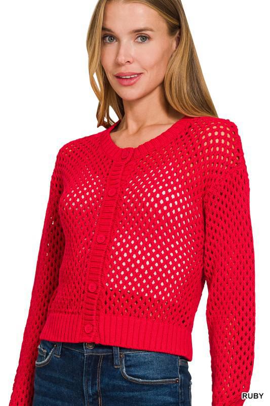 Ruby Red Crochet Cardigan Sweater
