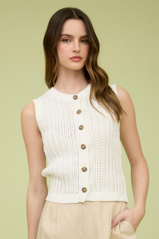 Crew Neck Button Down Sleeveless Knit Cardigan