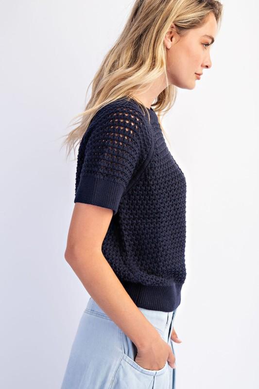 Navy Short Sleeve Knit Sweater Top