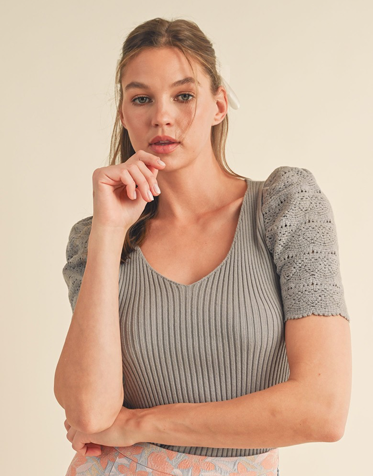 Ribbed Sweater Crochet Sleeve-Grey