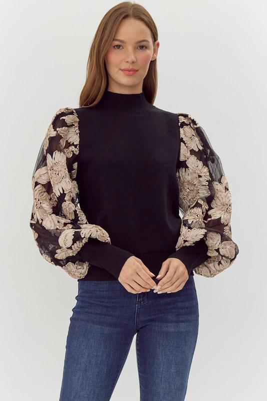 Ribbed Floral Mesh Puff Sleeve - Black