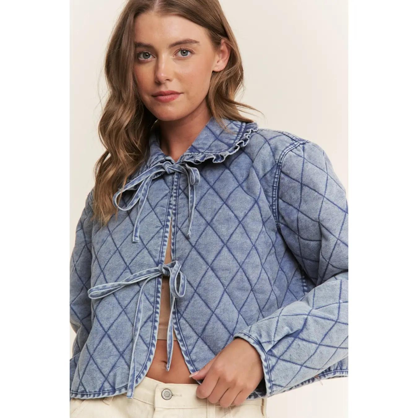 Quilted Denim Crop Jacket with Bow Ties