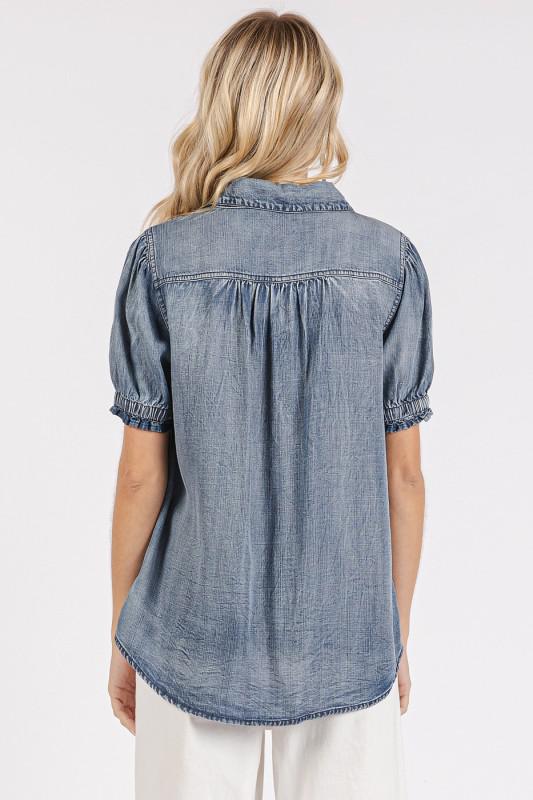 Washed Chambray Puff Sleeve Button Up Collar Shirt