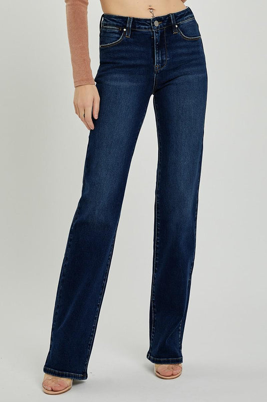 Mid Rise Long Straight Jeans - Dark