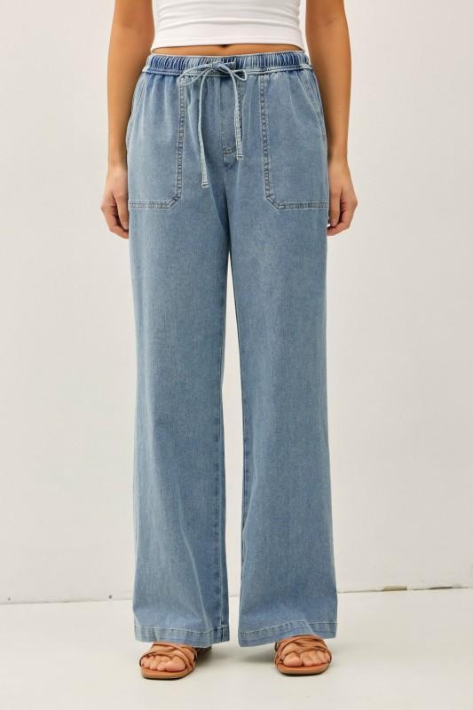 Knit Denim Wide Leg Pull On Pants