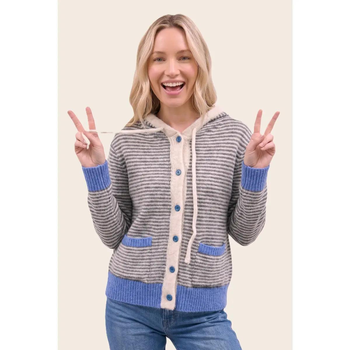 Striped Button Down Hoodie Sweater Cardigan