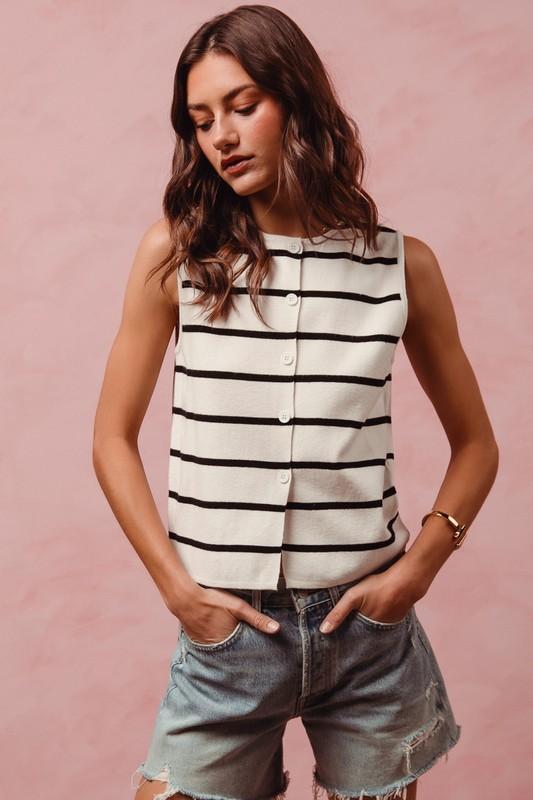 Button Front Stripe Fine Sweater Sleeveless Top